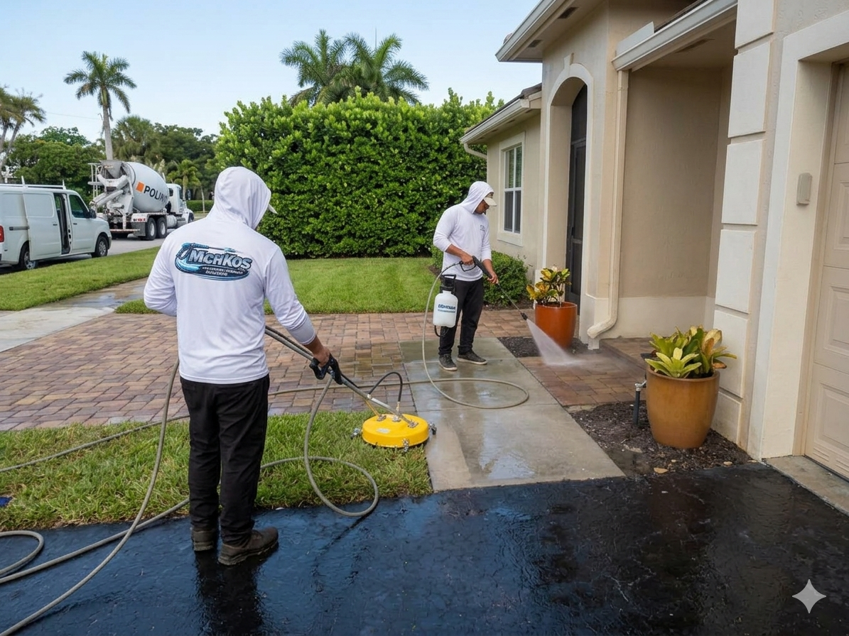 Mich1kos team pressure washing a driveway